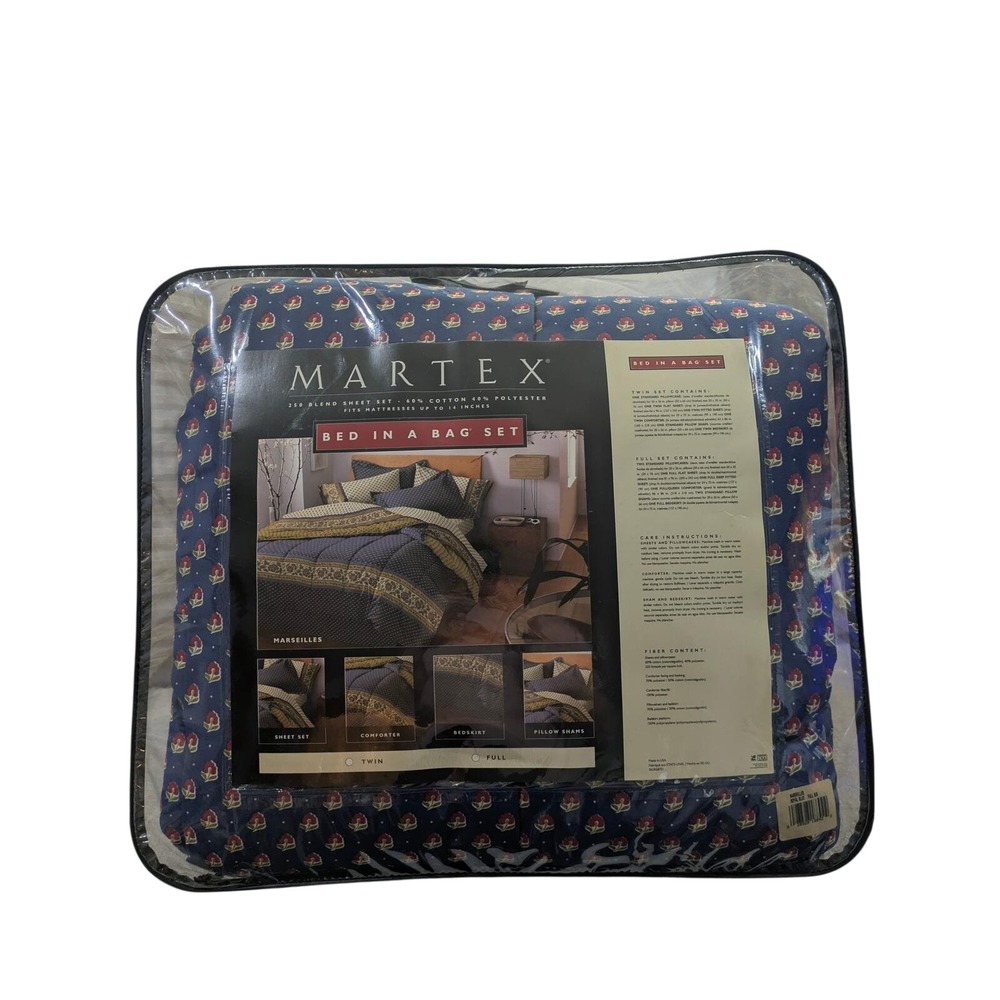 Vintage Martex Marseilles Bed in a Bag Set Full Royal‎ Blue Floral 8 Piece NEW